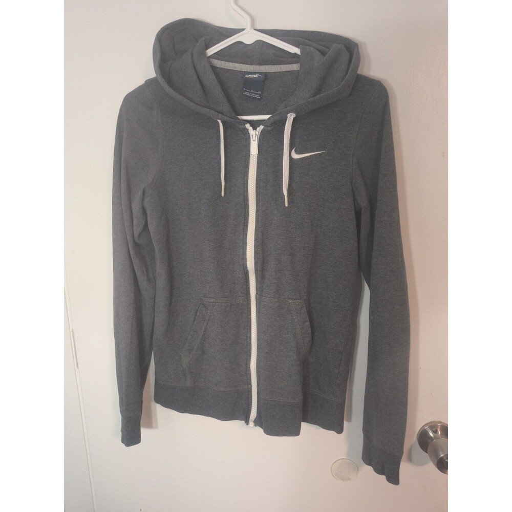 Vintage Nike Women's Grey Small Sewn Left Swoosh Full Zip Hoodie Sweatshirt